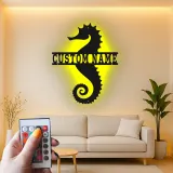 Panneau Métal LED Hippocampe Personnalisé | Décoration Murale Nautique Personnalisée | Décor Maison de Plage & Cadeau pour Amoureux de l'Océan