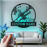 Cartel de metal LED con trompeta y notas musicales personalizado, regalo para músicos, decoración para estudio o sala de música