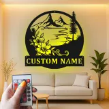 Custom Mountain Metal Wall Art | Personalized LED Name Sign with Floral Scene | Cabin Decor & Outdoor Lover Gift