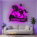 Décoration murale en métal personnalisée de cowboy sur cheval avec rétroéclairage - Cadeau western pour lui - Décor de ranch rustique