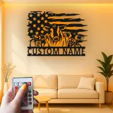 Insegna in metallo LED personalizzata con trio di mucche e bandiera americana