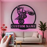 Custom Motocross Rider Led Light Metal Wall Art Personalized Gift for Dirt Bike Enthusiasts Garage Decor