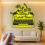 Décoration murale en métal personnalisée avec LED en forme de machine à écrire et fleurs - Cadeau pour écrivain
