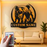 Décoration murale en métal LED personnalisée Forêt d'Ours - Cadeau pour amoureux de la nature - Décor de chalet