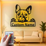Insegna in metallo personalizzata con Bulldog Francese | Decorazione LED da parete per cani | Regalo per amanti degli animali per casa e ufficio