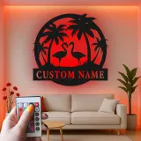 Insegna LED personalizzata con fenicottero | Arte tropicale in metallo su misura | Decorazione con nome per casa al mare | Decorazione murale per coppie