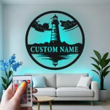 Insegna LED in metallo personalizzata con faro | Arte murale costiera personalizzata | Regalo per casa al mare | Silhouette marina