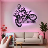 Personalisierte Metall-Wandkunst mit LED-Beleuchtung für Motocross-Fahrer – Geschenk für Dirtbike-Enthusiasten, Garage oder Spielzimmer Dekor