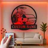 Enseigne de construction Rouleau de route | Décoration murale en métal LED personnalisée | Décor de machines lourdes pour garage ou bureau