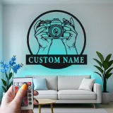 Fotograf LED-Schild | Individuelle Metall-Wandkunst für Studio-Dekor | Personalisierte Vintage-Kamera-Geschenk