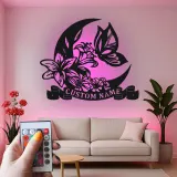 Insegna in metallo LED personalizzata con luna e farfalla - Regalo per lei, decorazione per camera da letto o nursery