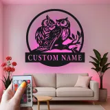 Insegna LED Personalizzata con Gufo | Arte in Metallo del Gufo Cornuto | Regalo per Amanti della Natura per Cabin o Decorazione per Casa