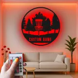 Décoration murale en métal personnalisée avec rétroéclairage LED pour panier de disc golf - Cadeau personnalisé pour passionnés de disc golf