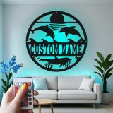 Personalisierte LED-Metall-Wandkunst mit Delfin-Ozeanszene – Geschenk für Strandhaus und Küsten-Wohnzimmer