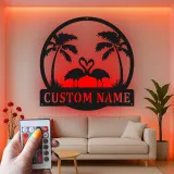 Panneau LED Couple Flamant Rose Personnalisé | Art mural en métal | Décor de maison de plage tropical pour cadeau d'anniversaire
