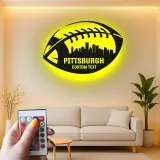 Décoration murale en métal football personnalisée | Enseigne LED personnalisée avec skyline de ville pour salle de jeux | Cadeau pour fan de sport
