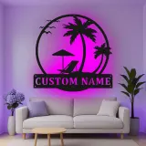 Custom Beach Scene Led Light Metal Wall Art Personalized Tropical Gift for Couples Bedroom or Patio Decor
