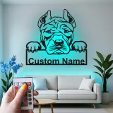 Décoration murale en métal LED personnalisée pour Pitbull - Cadeau pour amoureux des chiens - Décor pour salon
