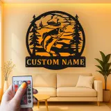 Insegna in metallo personalizzata per pesca con luce LED | Insegna con nome del pescatore | Decorazione per casa al lago e baita