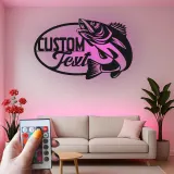 Enseigne de pêche sur mesure en métal | Décor LED avec prénom de pêcheur | Décoration rustique pour maison de lac, chalet et man cave