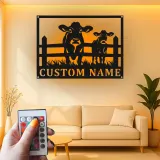 Insegna in metallo LED personalizzata con mucca e vitello - Regalo per agricoltori - Decorazione rustica per fienile