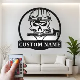 Panneau LED en métal Skull de plombier | Décoration murale personnalisée pour atelier | Décor de garage ou man cave | Cadeau pour artisans