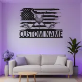 Custom Golf Name Sign | LED Metal Wall Art with American Flag | Personalized Golfer Gift for Man Cave | Patriotic Garage Decor