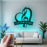 Panneau note de musique personnalisé | Décoration murale en métal LED sur mesure | Cadeau romantique pour musicien | Décor cœur et clé de sol