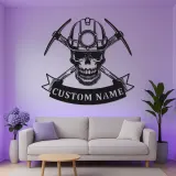 Personalisierte Kohlenbergmann Schädeltafel | LED Metall-Wandkunst für Man Cave | Vintage Bergmannhelm & Pickaxe Dekor | Geschenk für Ihn