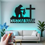 Kneeling Soldier Memorial Sign | Personalized LED Metal Art for Veterans | Custom Military Tribute | Christian Cross Wall Decor