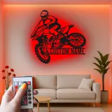 Personalisierte Metall-Wandkunst mit LED-Beleuchtung für Motocross-Fahrer – Geschenk für Dirtbike-Enthusiasten, Garage oder Spielzimmer Dekor