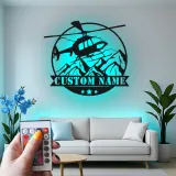 Custom Helicopter Metal Sign with LED | Personalized Pilot Gift | Aviation Wall Art for Office & Man Cave