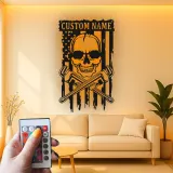 Panneau LED Crâne de Plombier | Décoration Murale Patriotique Personnalisée avec Drapeau USA | Décor de Garage avec Nom Personnalisé pour Hommes