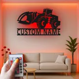 Décoration murale en métal LED personnalisée pour excavateur - Cadeau pour passionnés de construction - Décor de garage ou de bureau