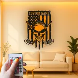 Insegna in metallo personalizzata con teschio da golf | Arte murale con luce LED | Decorazione da golf con nome personalizzato per man cave | Regalo per papà