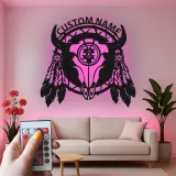Cartel de metal LED personalizado de cráneo de búfalo, regalo occidental rústico para decoración del hogar en el salón