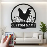 Insegna in metallo con gallo personalizzata con LED | Arte murale personalizzata per fattoria | Decorazione rustica per cucina e pollaio | Regalo per amanti dei polli