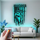 Panneau Personnalisé Joueur de Paintball | Décoration Murale en Métal Rétroéclairée avec Drapeau Américain | Décor de Salle de Jeu avec Nom Personnalisé | Cadeau pour Paintballeur