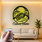 Art Murale en Métal Tortue de Mer LED | Panneau de Nom Personnalisé | Décor Nautique de Plage | Silhouette de Faune Marine sur Mesure