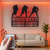Panneau prénom hockey personnalisé | Décoration murale en métal LED pour salle de jeux | Silhouette de joueur personnalisée | Cadeau pour amateur de sport