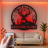 Insegna in metallo LED personalizzata con cervo e foresta, regalo per amanti della natura, decorazione rustica per cabin