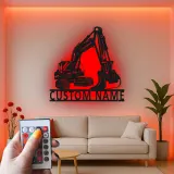 Décoration murale en métal personnalisée avec rétroéclairage pour excavateur - Cadeau de construction pour lui - Décor de garage pour passionnés d'équipement lourd