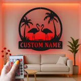 Arte mural de metal LED de flamenco | Cartel tropical personalizado | Decoración de casa de playa | Placa de nombre personalizada para hogares costeros