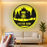 Décoration murale en métal personnalisée avec rétroéclairage LED pour panier de disc golf - Cadeau personnalisé pour passionnés de disc golf
