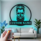 Bearded Skull LED Metal Sign | Personalized Man Cave Wall Art | Custom Name Sign for Barbershop, Garage, or Studio Decor