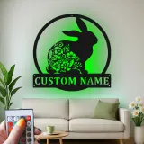 Personalized Rabbit Sign with LED | Custom Floral Bunny Metal Wall Art | Boho Nursery Decor | Unique Easter & Rabbit Lover Gift