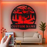 Custom Disc Golf Mountain Scene Led Light Metal Wall Art Personalized Gift for Disc Golfers Outdoor Enthusiast Decor