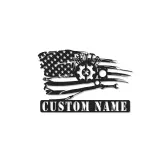 Cartel de metal con bandera americana y mecánico | Decoración de garaje LED personalizada | Arte mural con nombre a medida para él