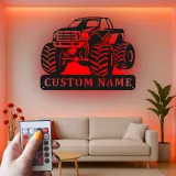 Insegna in Metallo Monster Truck Personalizzata | Luce LED da Parete Personalizzata per Stanza dei Bambini | Decorazione Veicolo Fuoristrada | Regalo per Ragazzi