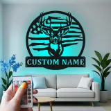 Custom Deer American Flag Led Light Metal Wall Art Personalized Gift for Hunters Rustic Man Cave Decor